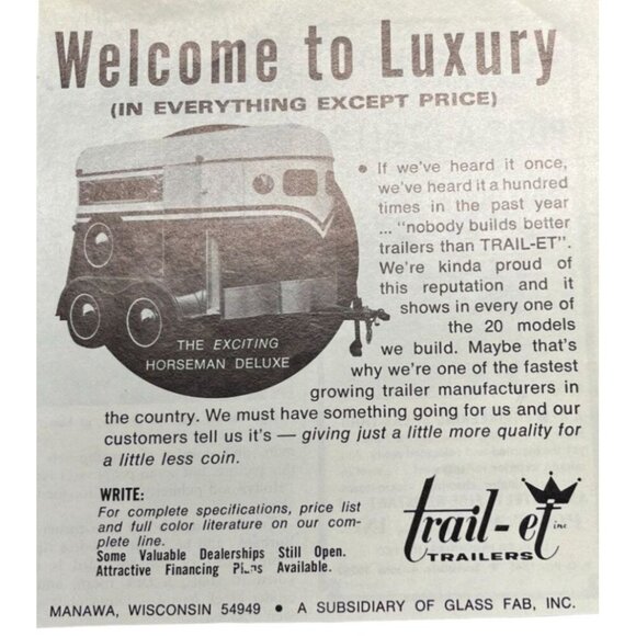 Trail-Et Trailers Vintage Print Ad 1970s Manawa WI Horseman Deluxe Horse Trailer - Picture 6 of 6